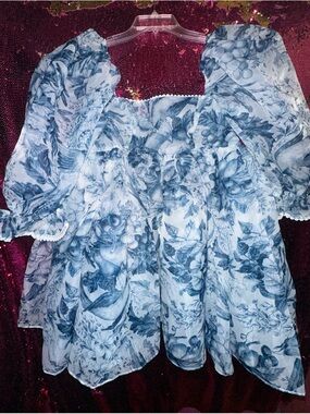 Selkie Blue Floral Puff Sleeve Mini Dress